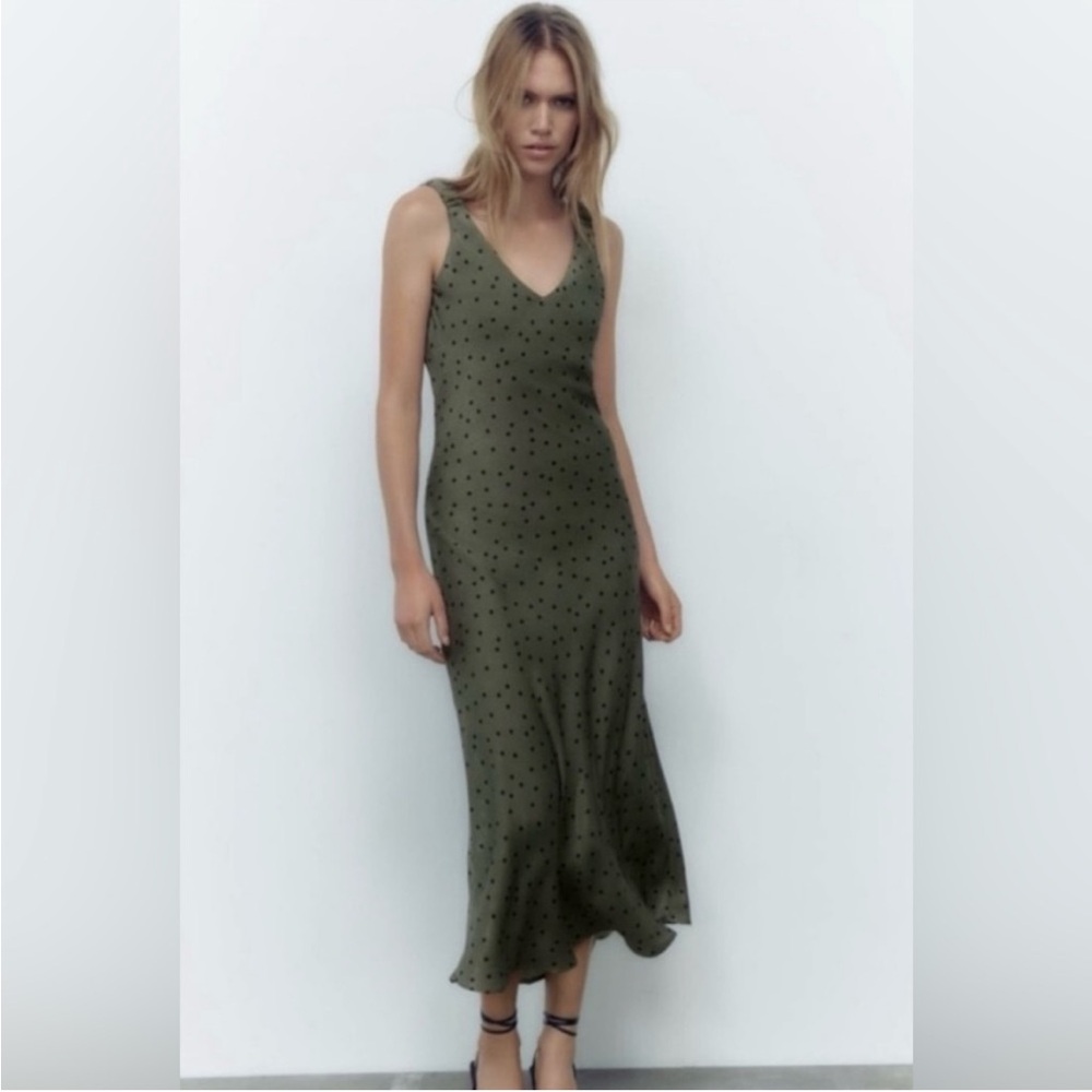 NWT Zara Olive Green Polka Dot Low-Cut Maxi Satin Dress Sz XS